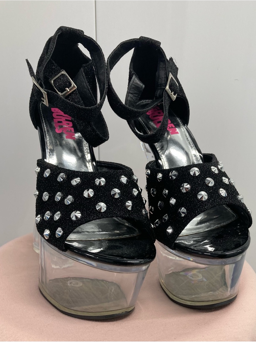 Platform Studded Black Ankle-Strap Heels